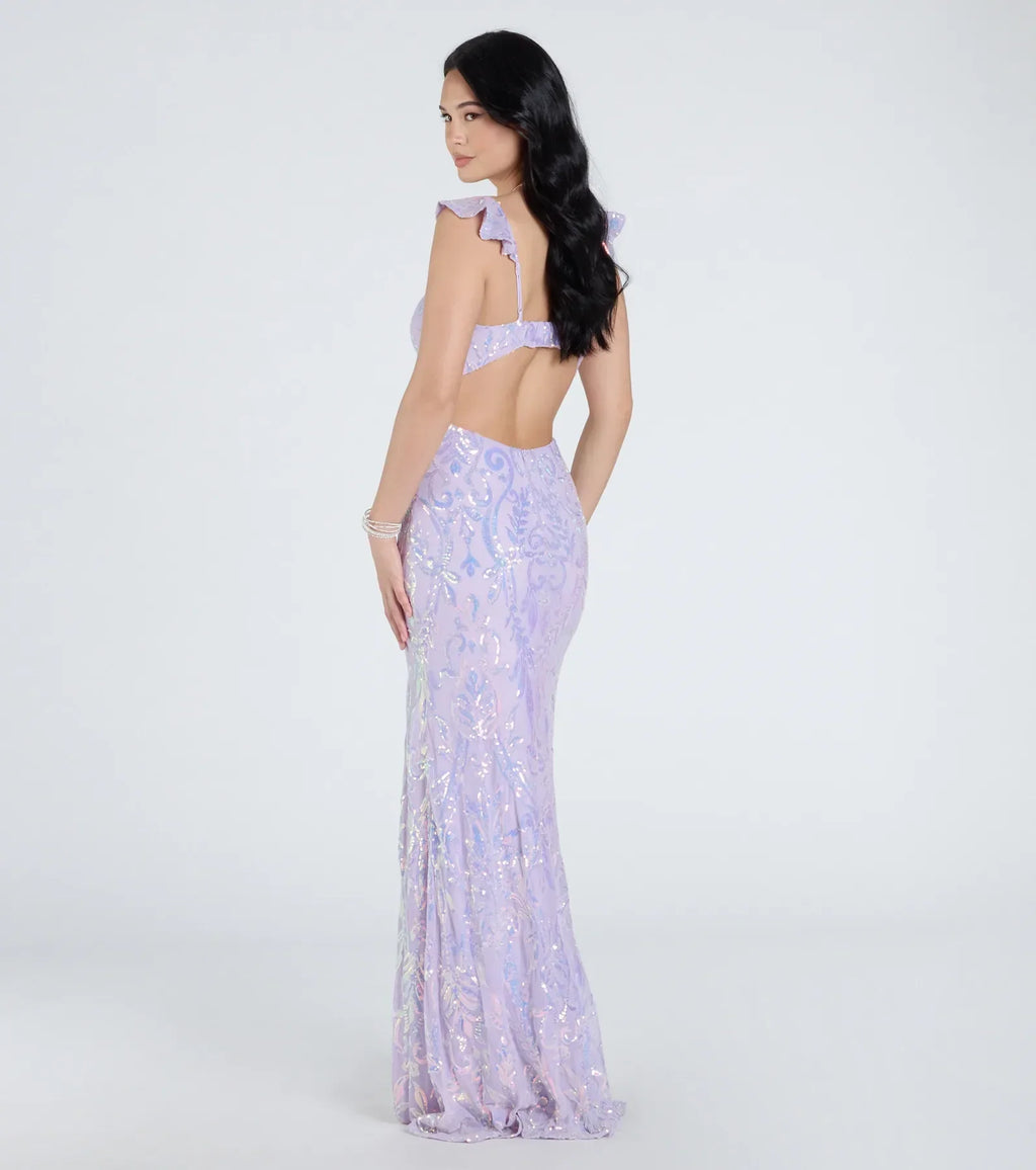 Estella V-Neck Column Long Sequin Formal Dress