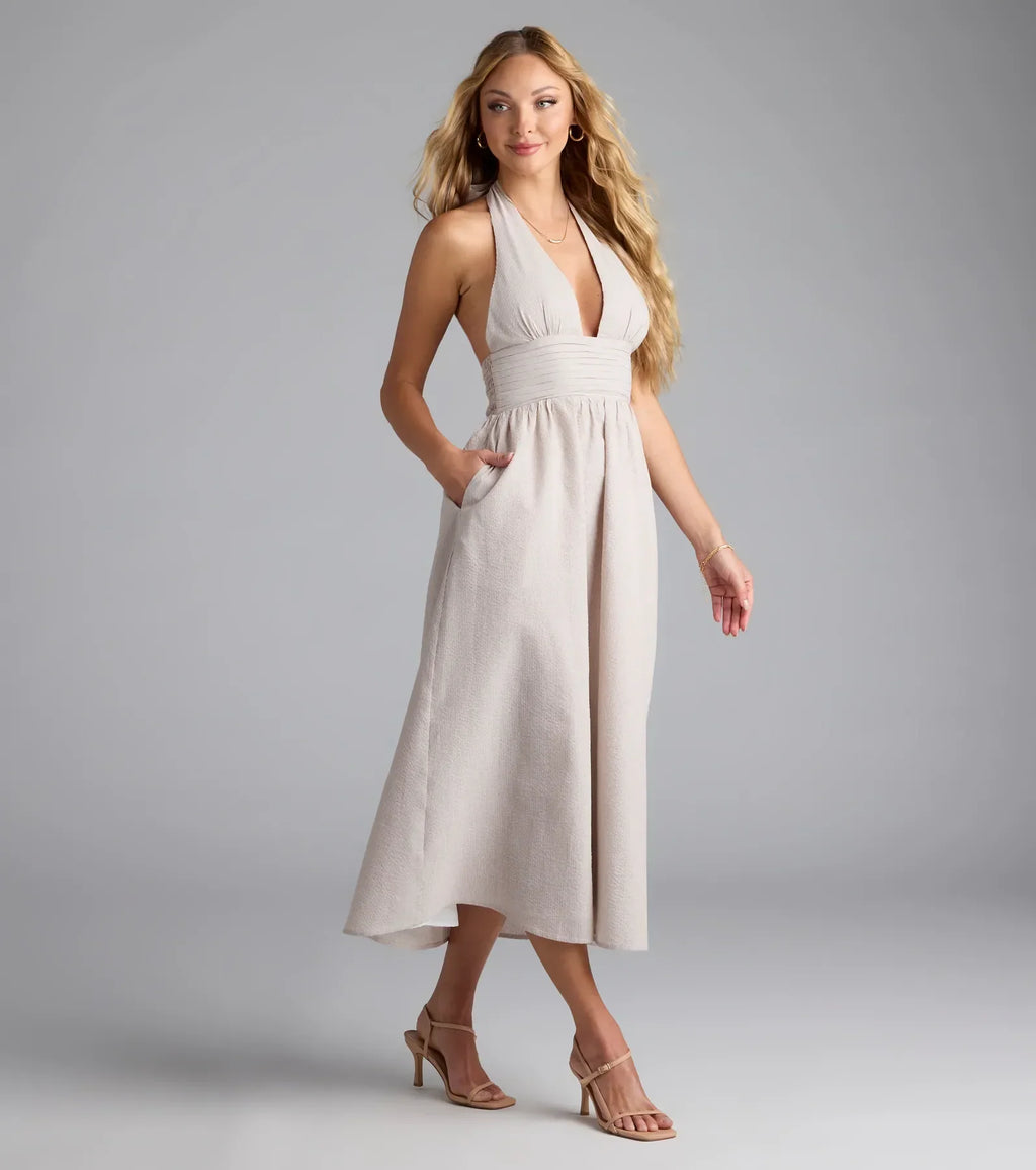 Cup Of Tea Striped Halter Midi Dress With Pockets